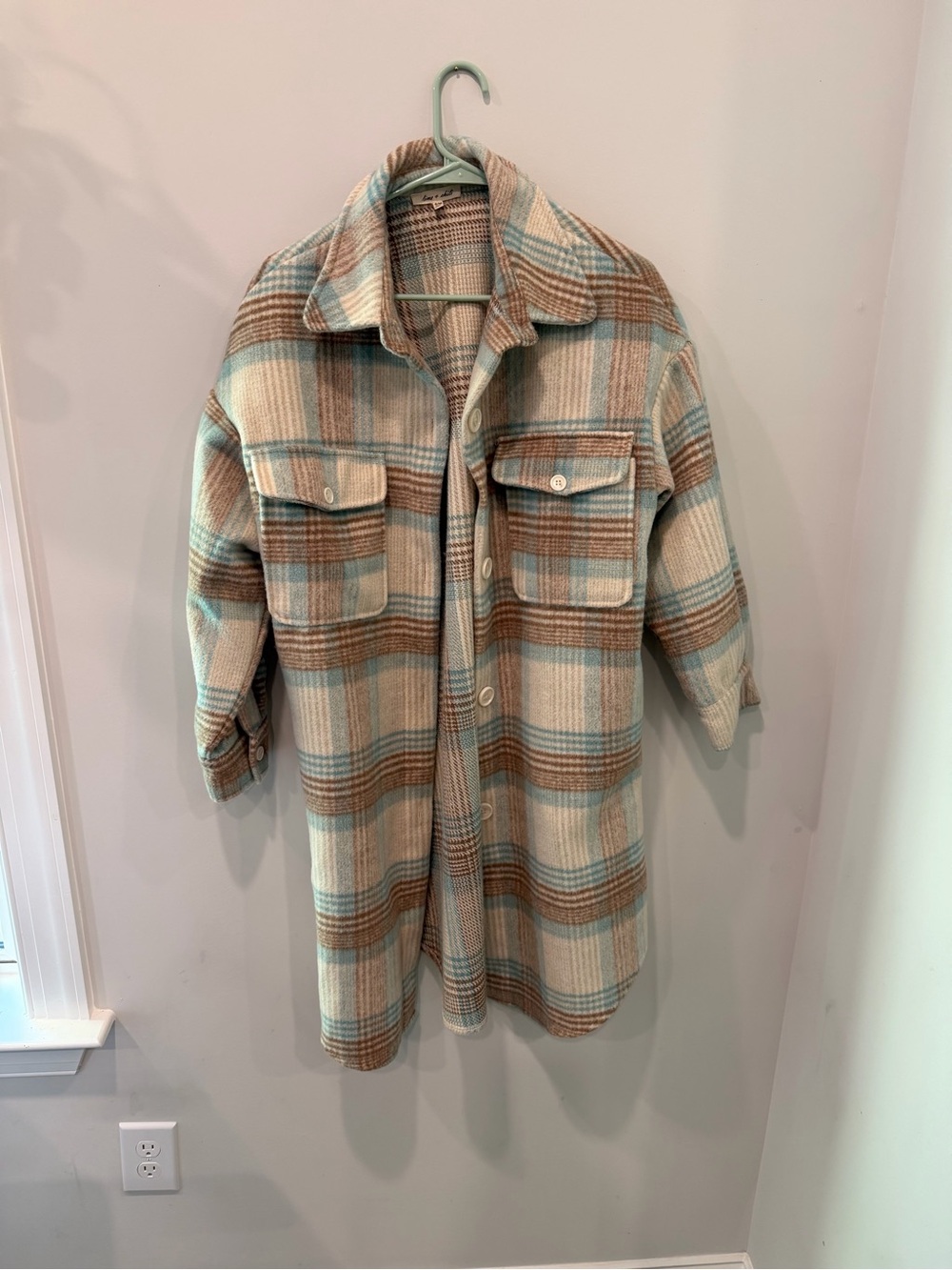 Oversized Plaid Utility Shacket in Cream, Tan & Light Blue